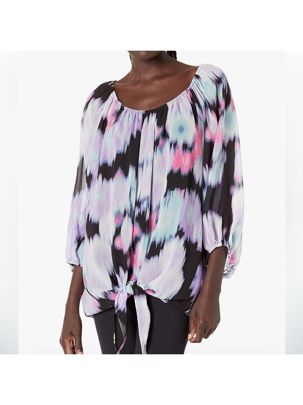 Calvin Klein Puff Sleeve Pastel with Black Blouse Peasant Style with Tie Size 1X